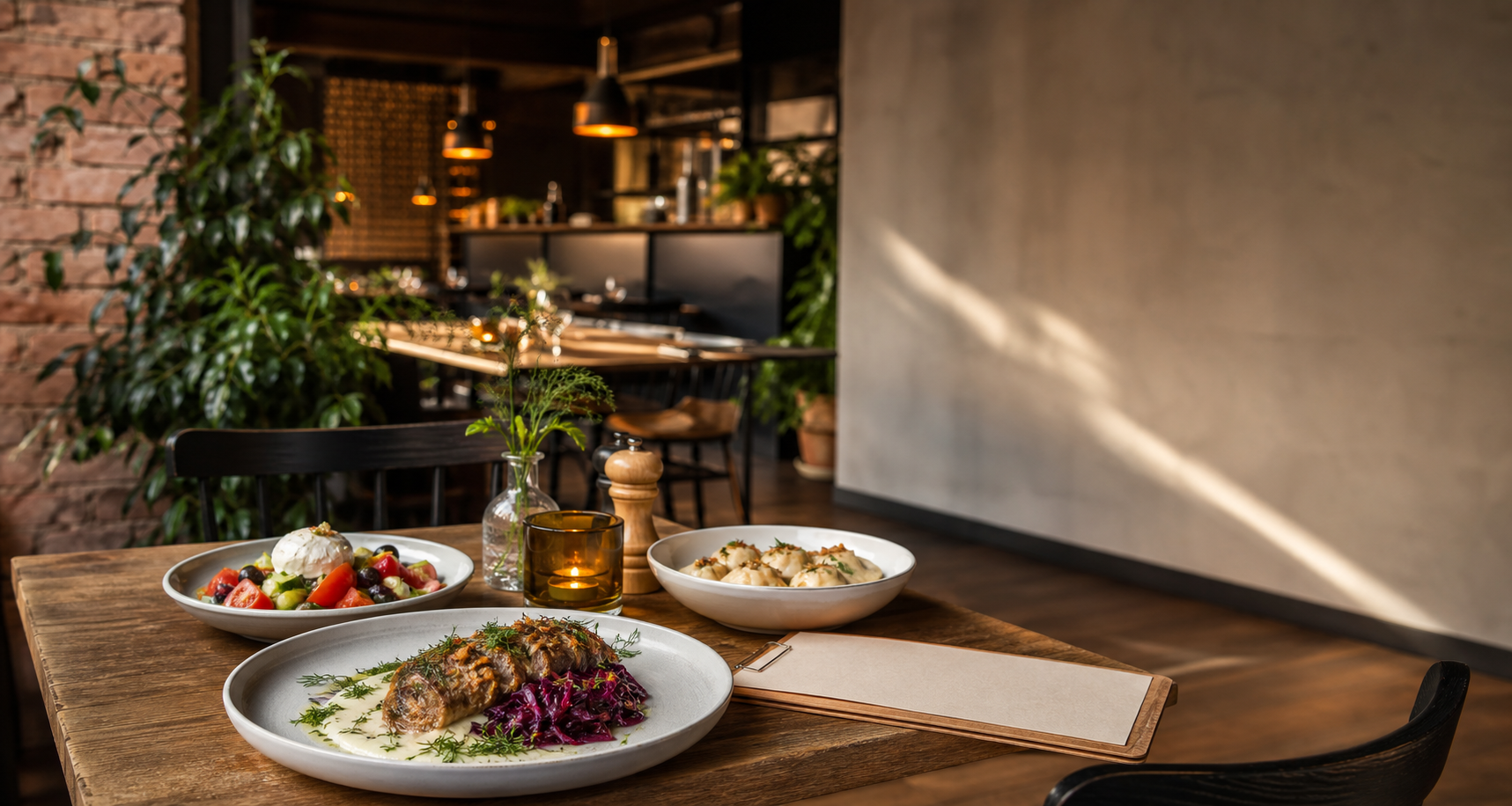 Stol w restauracji z talerzami i karta menu